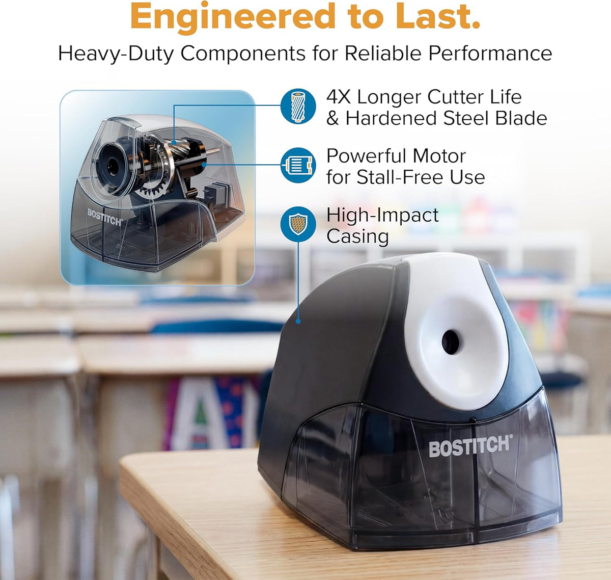 Bostitch Office Electric Pencil Sharpener, Heavy Duty, Stall-Free, Black