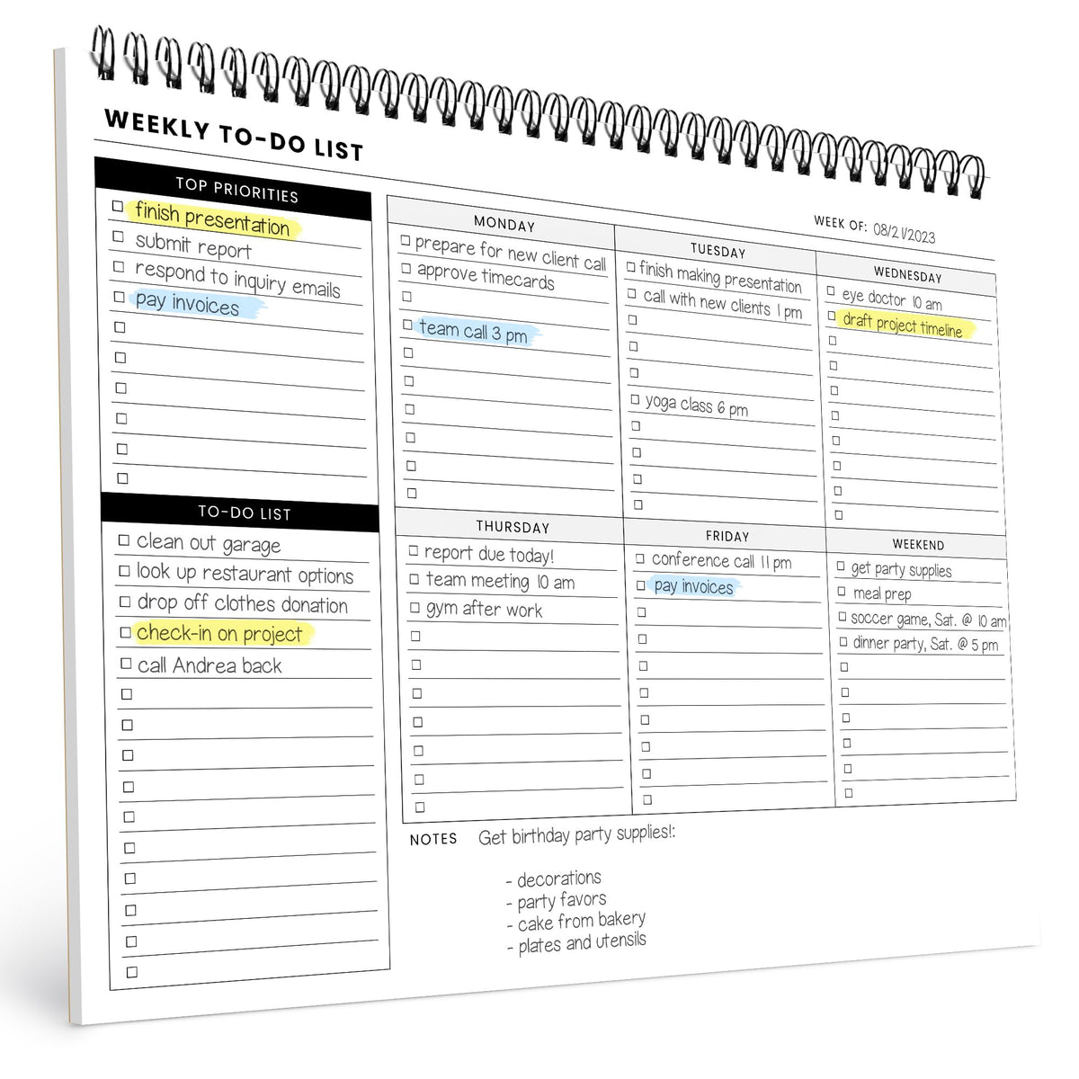 To Do List Notepad with Multiple Functional Sections, Spiral Daily Planner