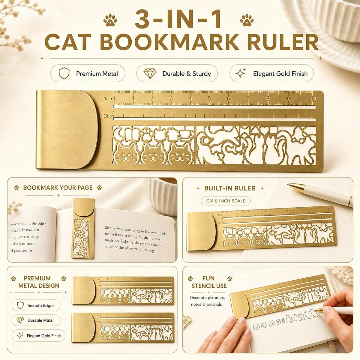 Cute Hollow Cat 3-in-1 Metal Bookmark Ruler Multifunctional Template Tool，C
