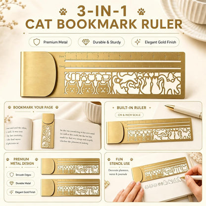 Cute Hollow Cat 3-in-1 Metal Bookmark Ruler Multifunctional Template Tool，C