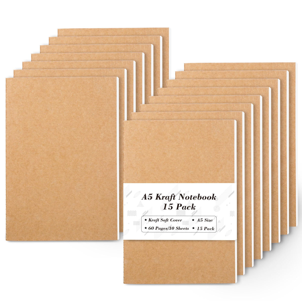 feela 60 Pack Kraft Notebooks Bulk, Lined Travel Journals Note Pad Notebooks for Men Women Girls Students, Making Plans Writing Memos Office School Supplies, A5, 60 Pages, 8.3” X 5.5”