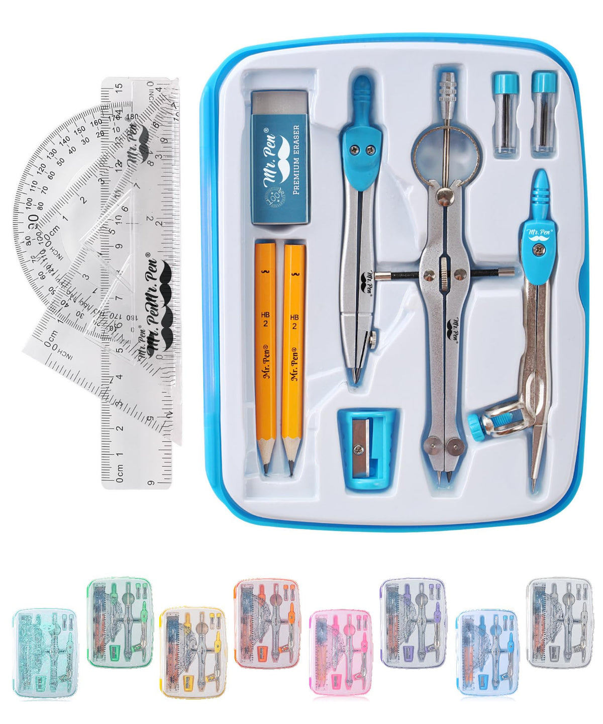 Mr. Pen- Geometry Set, 13 pcs, 3 Metal Compasses, Protractor, 6" Ruler