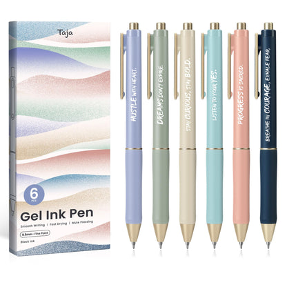 Taja Gel Pens, 6 Pcs Quick Dry Black Ink Pens, 0.5mm Fine Point, Pastel