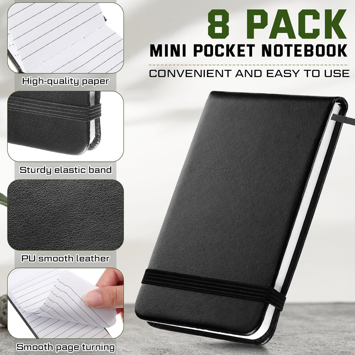 8 Pcs 4" x 2.5" Pocket Notebook Bulk, Mini Leather Hardcover Tiny Notepad with Tear-off Pages & Elastic Band, 50 Lined Sheets, Small Notebook for Back to School Home Office Writing Supplies, Black