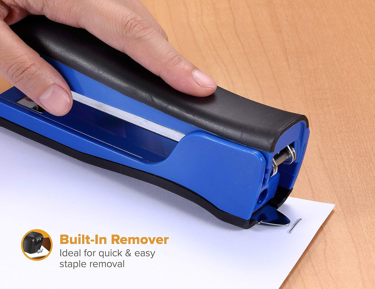 Bostitch Office Dynamo 4 in 1 Standup Stapler, Includes 420 Staples, 20 Sheet Capacity, Integrated Pencil Sharpener, Staple Remover & Staple Storage, Blue