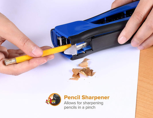 Bostitch Office Dynamo 4 in 1 Standup Stapler, Includes 420 Staples, 20 Sheet Capacity, Integrated Pencil Sharpener, Staple Remover & Staple Storage, Blue