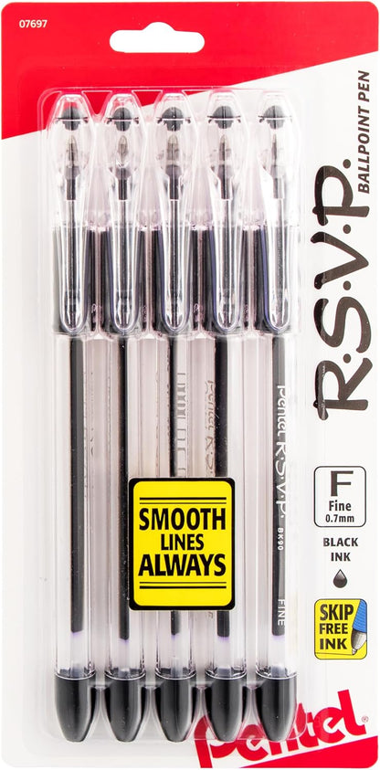 Pentel RSVP Ballpoint Pen, (0.7mm), Fine Line, Black Ink, Pack of 5 (BK90PF5A)