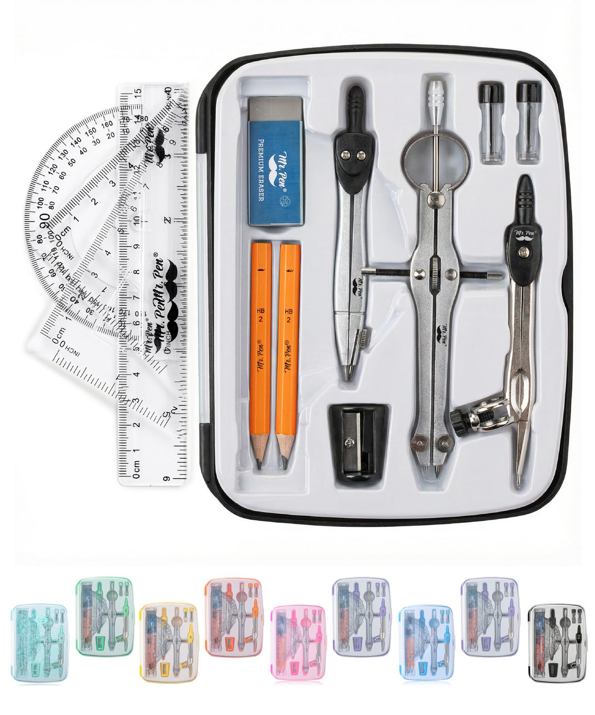 Mr. Pen- Geometry Set, 13 pcs, 3 Metal Compasses, Protractor, 6" Ruler