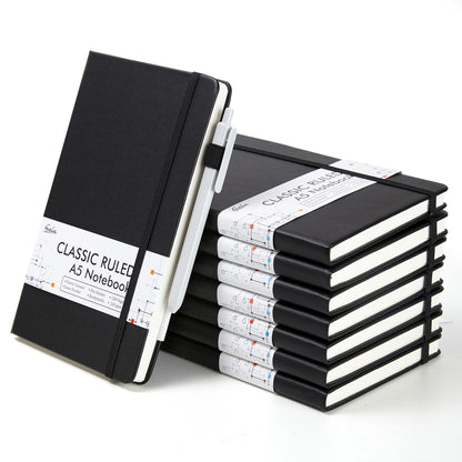 feela 8 Pack Journal Notebook Bulk for School, Hardcover Business Notebooks Classic Ruled Lined Journals with Pen Holder for Work Note Taking, with 8 Black Pens, 120 GSM, 5.1”x8.3”, A5, Black