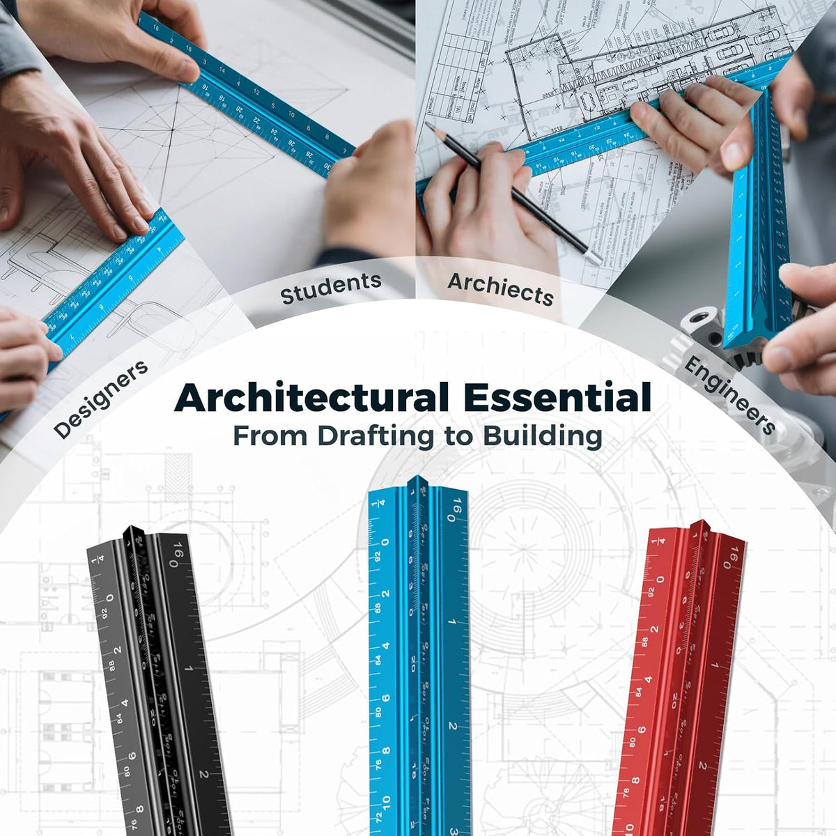 Rena Chris Architectural Scale Ruler: 12" Imperial Aluminum Alloy Metal Architecture Measuring Tools, Engineering Drafting Construction Drawing Blueprints Triangular Architect Scaling Rulers 12 Inches
