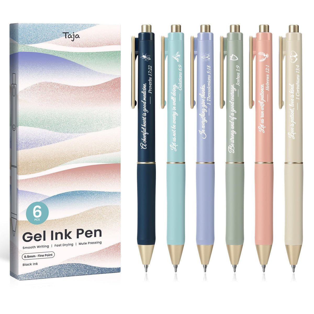 Taja Gel Pens, 6 Pcs Quick Dry Black Ink Pens, 0.5mm Fine Point, Pastel
