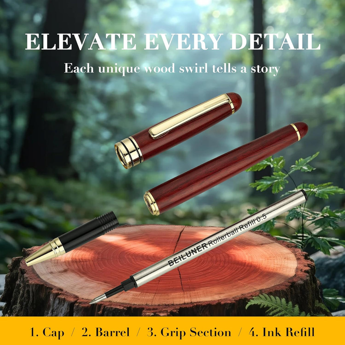 BEILUNER Wood Rollerball Pen Set, Elegant, Rosewood with Gold Finish