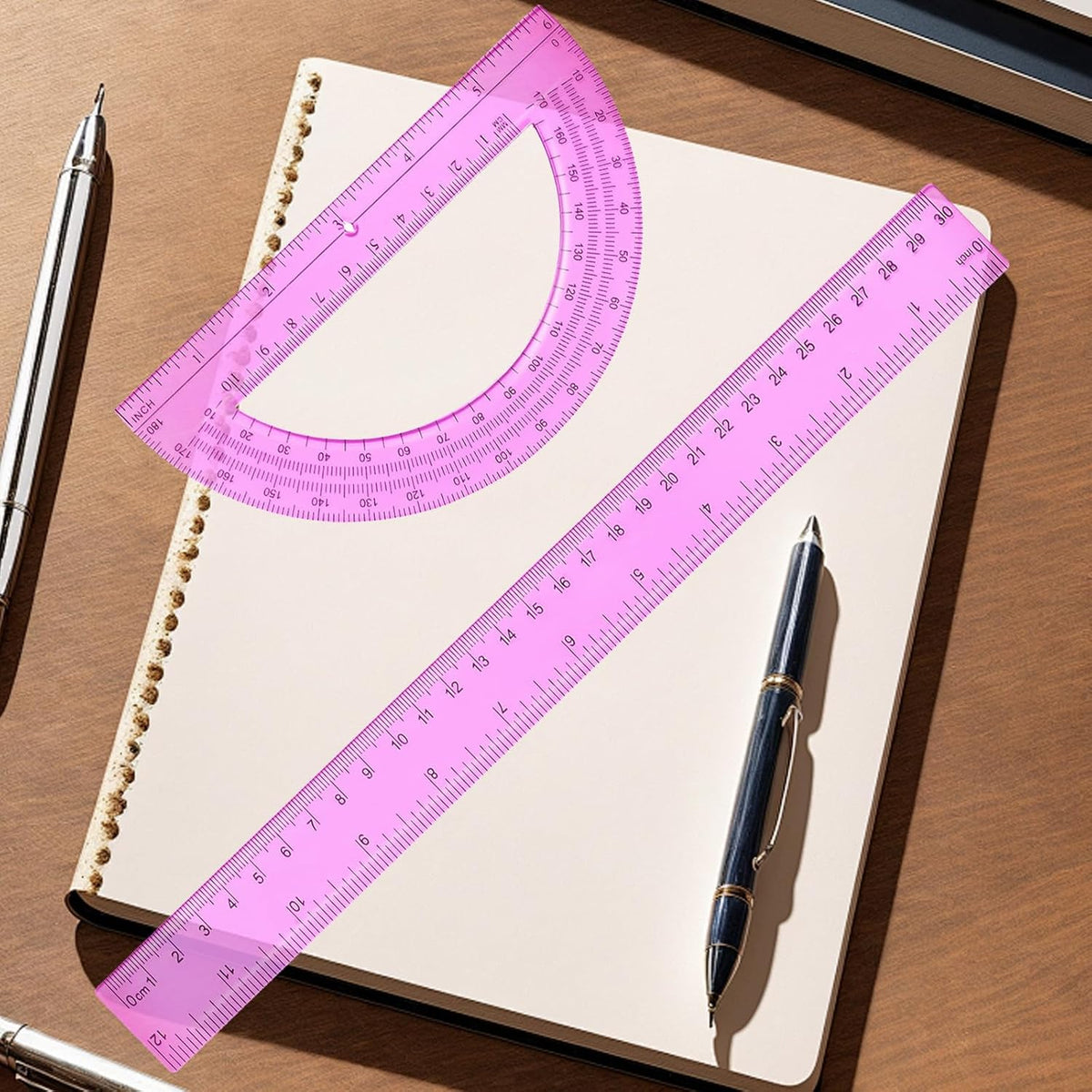 2 Packs 12 Inch Plastic Ruler and 6 Inch Plastic Protractor Set Clear Math Geometry Set Classroom Set Angle Detector School Supplies Classroom Ruler Home Office Drawings (Pink)