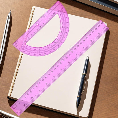 2 Packs 12 Inch Plastic Ruler and 6 Inch Plastic Protractor Set Clear Math Geometry Set Classroom Set Angle Detector School Supplies Classroom Ruler Home Office Drawings (Pink)