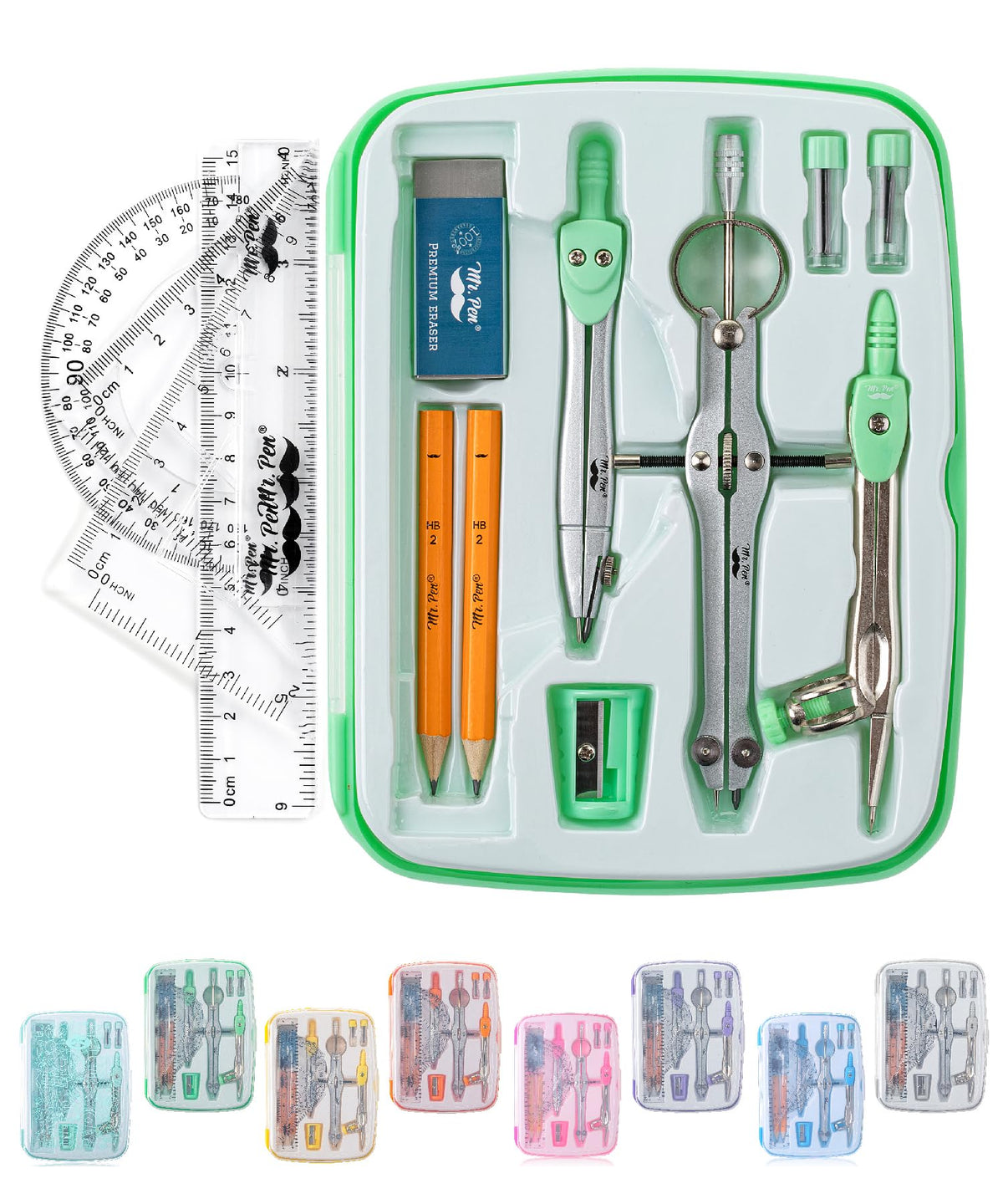 Mr. Pen- Geometry Set, 13 pcs, 3 Metal Compasses, Protractor, 6" Ruler