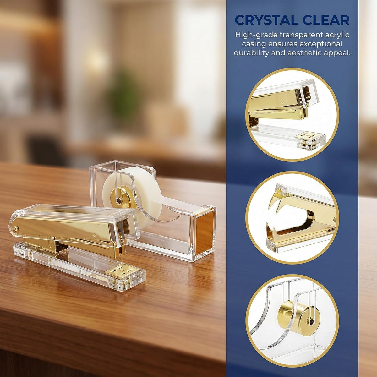 Hiceeden Acrylic Gold Stapler and Tape Dispenser Set, Desk Accessories Office Supplies Includes Tape, Staple Remover and 1000pcs 24/6 Staples, Modern Cute Stapler Set for Desk
