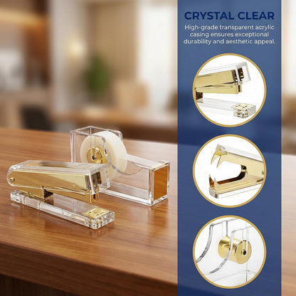 Hiceeden Acrylic Gold Stapler and Tape Dispenser Set, Desk Accessories Office Supplies Includes Tape, Staple Remover and 1000pcs 24/6 Staples, Modern Cute Stapler Set for Desk