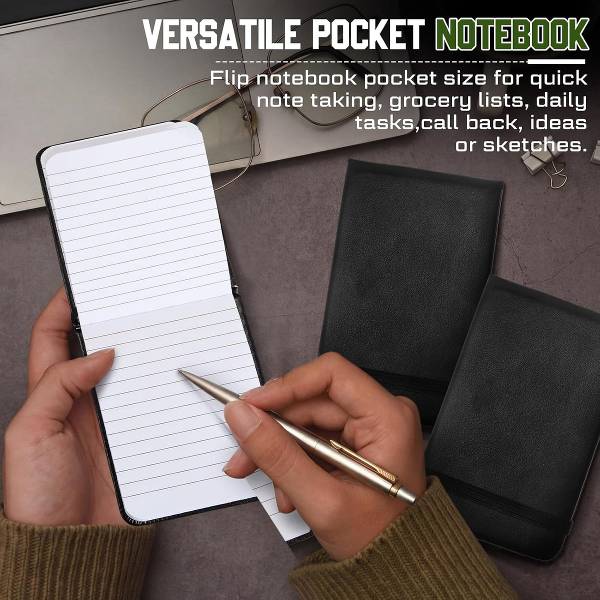 8 Pcs 4" x 2.5" Pocket Notebook Bulk, Mini Leather Hardcover Tiny Notepad with Tear-off Pages & Elastic Band, 50 Lined Sheets, Small Notebook for Back to School Home Office Writing Supplies, Black