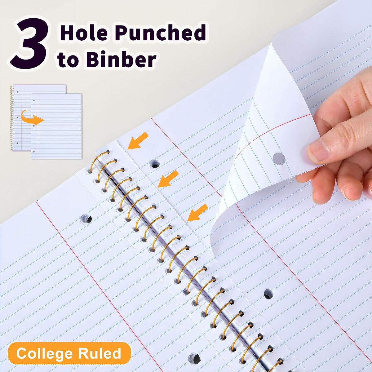 Spiral Notebook College Ruled Paper 8" x 10-1/2", 1 Subject Spiral Notebook 80GSM Paper, 3-Hole Punched Perforated Pages Ideal for School, Office, Writing, 75 Sheets Lined Journaling Notebook, Purple