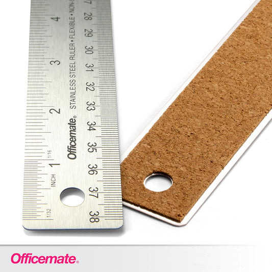 Officemate 15-Inch Flexible Stainless Steel Ruler, Metal Straight Edge Ruler with Cork Backing, 1/16 Inch and Metric Scale Markings, Tool for School, Office, Drafting, Crafts and Precision Cuts