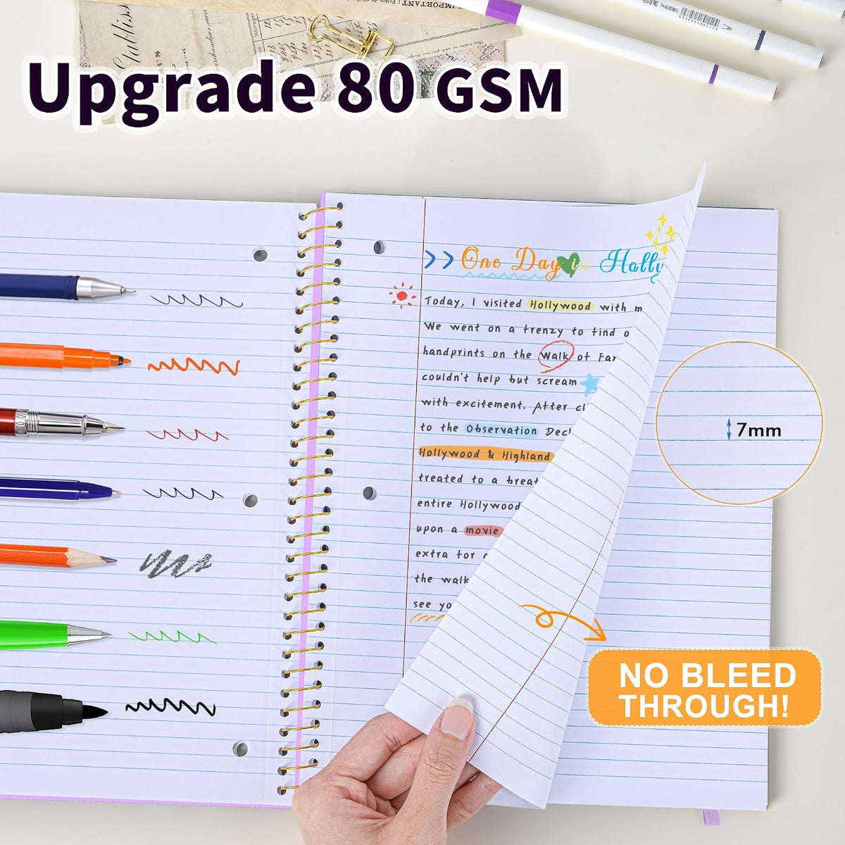 Spiral Notebook College Ruled Paper 8" x 10-1/2", 1 Subject Spiral Notebook 80GSM Paper, 3-Hole Punched Perforated Pages Ideal for School, Office, Writing, 75 Sheets Lined Journaling Notebook, Purple