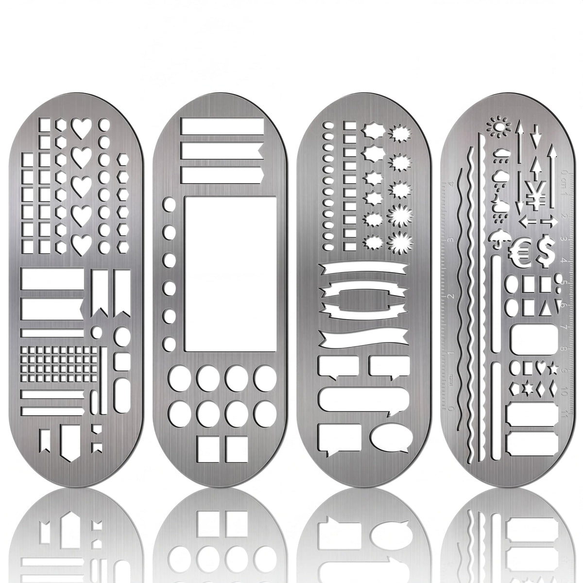 Chinco 4 Pieces Stencils Metal Journal Template 7.1 x 2.3 Inch Bookmark Ruler School Supplies Stainless Steel Stencils Set for DIY, Engraving, Painting, Scrapbooking(Geometry Style)