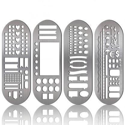 Chinco 4 Pieces Stencils Metal Journal Template 7.1 x 2.3 Inch Bookmark Ruler School Supplies Stainless Steel Stencils Set for DIY, Engraving, Painting, Scrapbooking(Geometry Style)