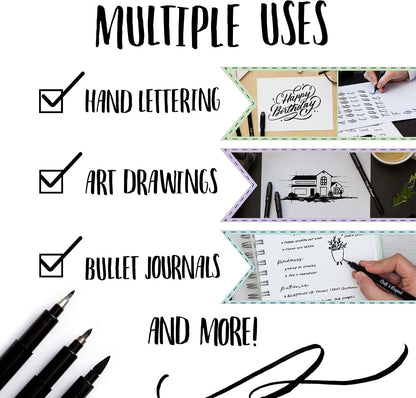 Craft 'n' Beyond Calligraphy Brush Pens Pack of 3 Small, Medium and Large Markers for Hand Lettering, Art Drawing, Sketching, Scrapbooking, Writing, Journaling - Beginner Kit with Fadeproof Black Ink
