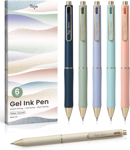 Taja Gel Pens, 6 Pcs Quick Dry Black Ink Pens, 0.5mm Fine Point, Pastel