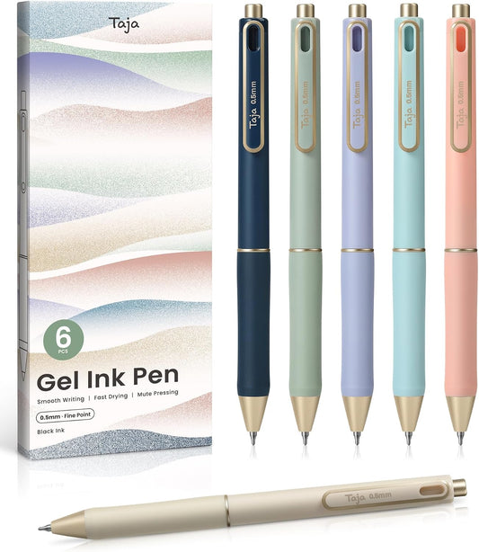 Taja Gel Pens, 6 Pcs Quick Dry Black Ink Pens, 0.5mm Fine Point, Pastel