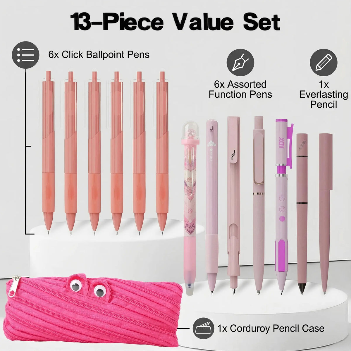 Rarler 13PCS Smart Pen Set with Monster Pencil Case - 8 Unique Styles (Twist, Everlasting, Grip, Click, Retractable, Agile, Erasable Gel, 6x0.5mm Ballpoint) - Back to School Supplies for Students,sohochic