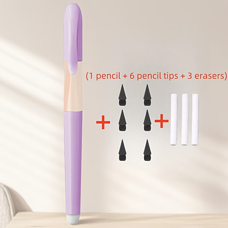 10pcs/Set (1pc Pencil And 6pcs Lead And 3pcs Erasers), Durable Non-Sharpening Pencil, Built-In Eraser - Visually Appealing, Ideal for Drawing And Writing, Back-To-School Supplies