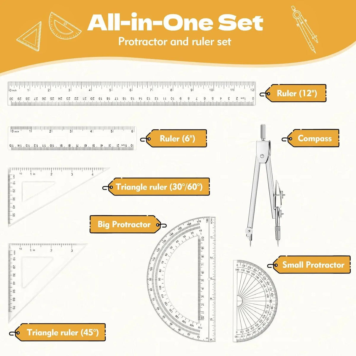 7 count Geometry Set-Clear Plastic Rulers,Triangle Ruler,Protractor,Compass | 12Inch & 6Inch Ruler Set for School Office Math Drawing Drafting Engineering Architecture Art