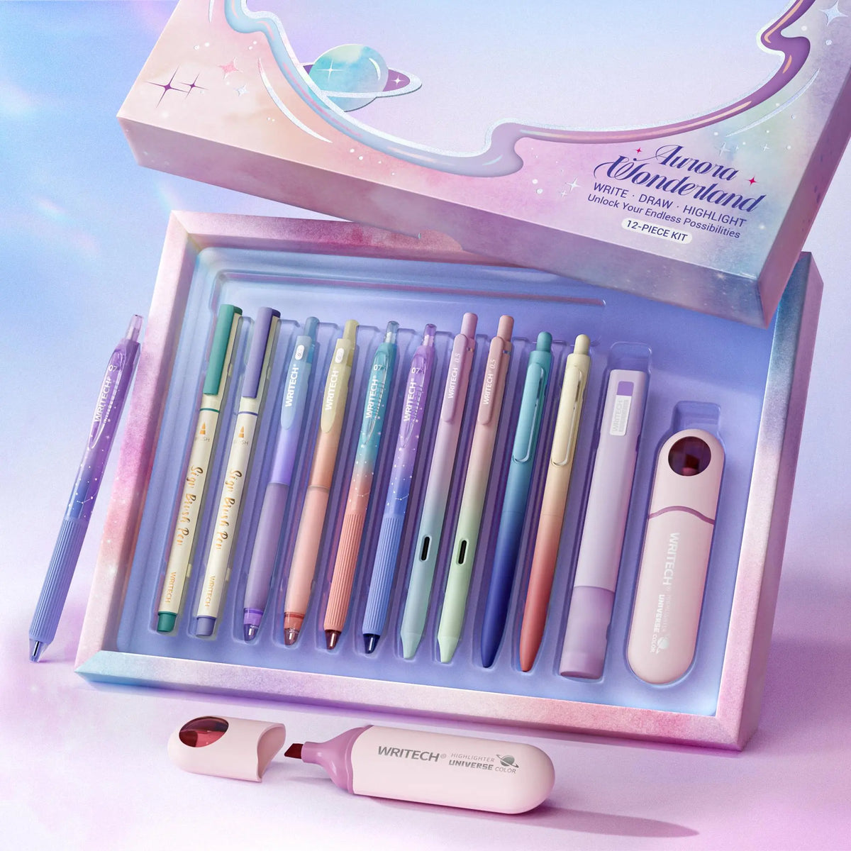 WRITECH Gel Pens Highlighters Journaling: Aurora Wonderland Pen Set, Black Ink Pens Pastel Highlighters Brush Pens, Smooth Writing Drawing No Bleed, Gift for Students,Friends and Family.
