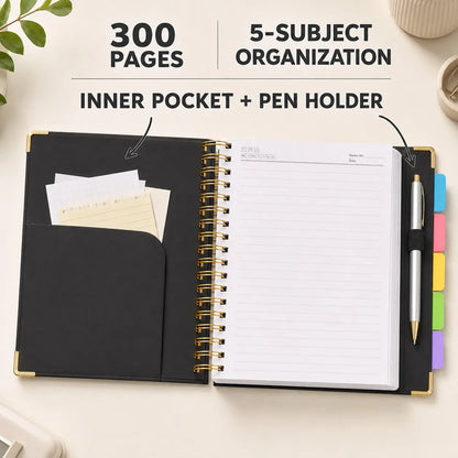 2026 Hardcover Spiral Notebook, 300 Pages, Leather, 5-Subject, 8x10 Inch, Removable Dividers, for Work, School, Travel, Study