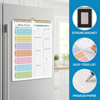 Magnetic Meal Planner Notebook - Wall-Mountable, 52 Sheets, 52 Writing Pages, Double Spiral Binding, Monthly Weekly Planner, Grocery List Notepad, Household Food Arrangement Organizer, MM1 Model (Office Stationery),sohochic