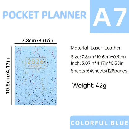A7 Specification 2026 English Planner, Slim Weekly Planner, Starlight Color Mini Pocket Notebook, Daily Planner with Colorful Laser Cover, A7 Size: 3.07in X 4.17in