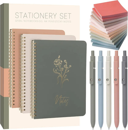 Cute Spiral Notebook Set For Women, Bible Journal Set, 3 Pack A5 Spiral Notebook + 5 PCS Gel Pens + 600 Sticky Notes + Gift Box, Aesthetic Gift Set for Work Students School Office Supplies,back to school,back to school haul