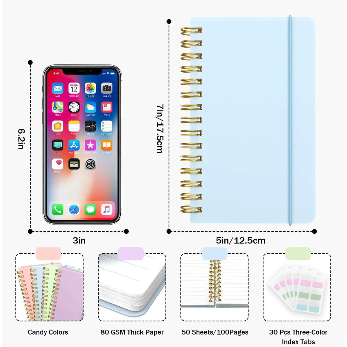 4 Pack 5x7 Small Spiral Notebook, Hardcover Spiral Journal Notebook with Removable Dividers Tabs, Note Books for Note Taking, Work, School, Cute Notebooks with Strap 50 Sheet