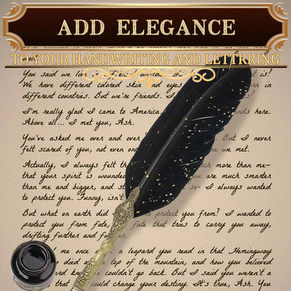 Vintage Feather Dip Pen & Ink Set - Classic Series Carved Goose Quill with Pen Stand, Calligraphy Nibs, Black Ink, Antique Writing Gift for Birthdays, Holidays, Gifts