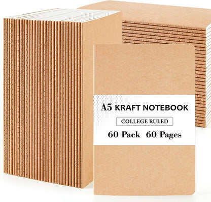 feela 60 Pack Kraft Notebooks Bulk, Lined Travel Journals Note Pad Notebooks for Men Women Girls Students, Making Plans Writing Memos Office School Supplies, A5, 60 Pages, 8.3” X 5.5”