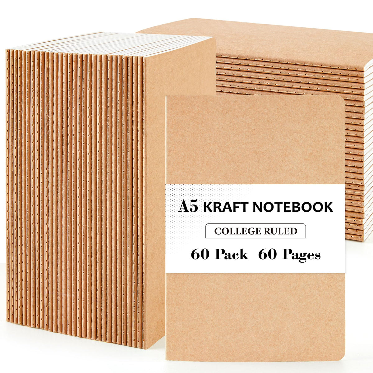 feela 60 Pack Kraft Notebooks Bulk, Lined Travel Journals Note Pad Notebooks for Men Women Girls Students, Making Plans Writing Memos Office School Supplies, A5, 60 Pages, 8.3” X 5.5”