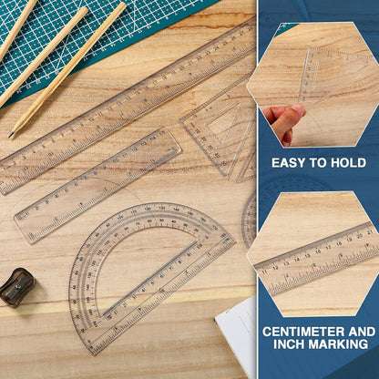 Tenare 6 Pcs Math Geometry Ruler Set, Protractor Triangle School,Clear