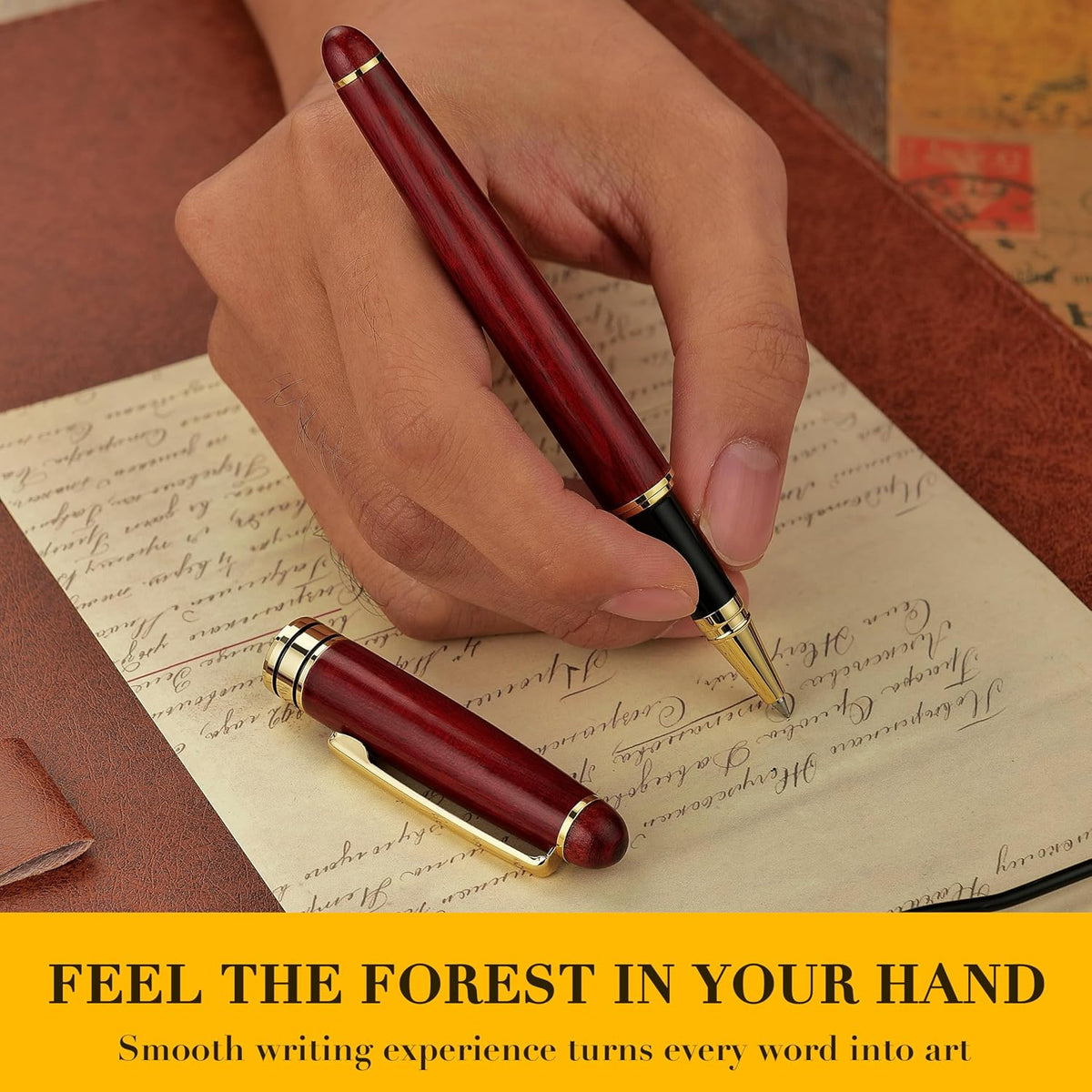 BEILUNER Wood Rollerball Pen Set, Elegant, Rosewood with Gold Finish