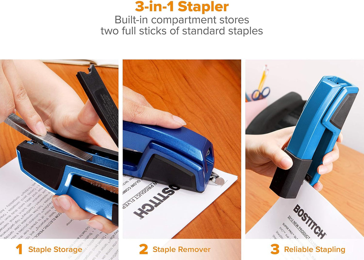 Bostitch Office Epic Metal 3 in 1 Stapler, 25 Sheet Capacity, Includes 210 Staples in Staple Storage Compartment & Integrated Remover,