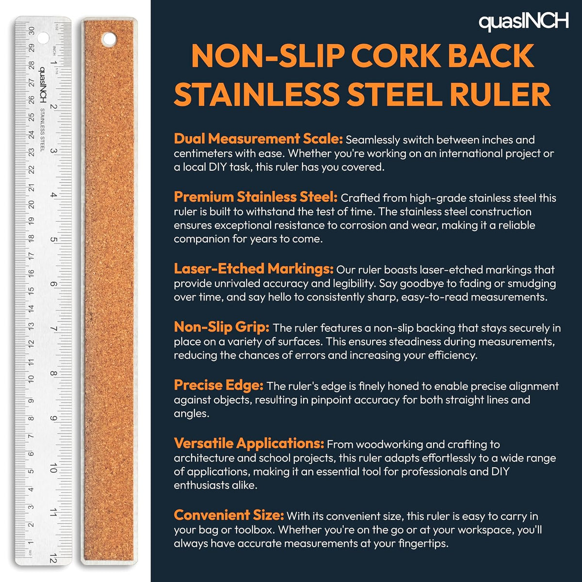 Stainless Steel Metal Ruler with Non-Slip Cork Back for Home Improvement, Planner Accessories, College School Supplies, Drafting Tools, Architecture Supplies, 30.5 Centimeters & 12 inches