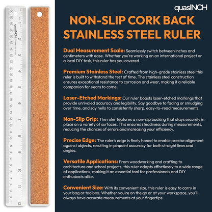Stainless Steel Metal Ruler with Non-Slip Cork Back for Home Improvement, Planner Accessories, College School Supplies, Drafting Tools, Architecture Supplies, 30.5 Centimeters & 12 inches