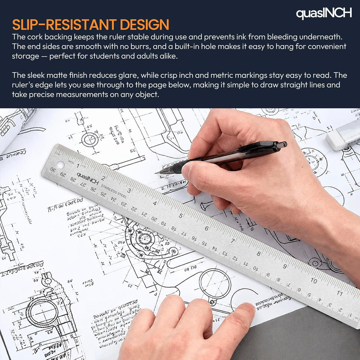 Stainless Steel Metal Ruler with Non-Slip Cork Back for Home Improvement, Planner Accessories, College School Supplies, Drafting Tools, Architecture Supplies, 30.5 Centimeters & 12 inches