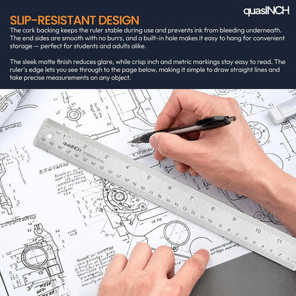 Stainless Steel Metal Ruler with Non-Slip Cork Back for Home Improvement, Planner Accessories, College School Supplies, Drafting Tools, Architecture Supplies, 30.5 Centimeters & 12 inches