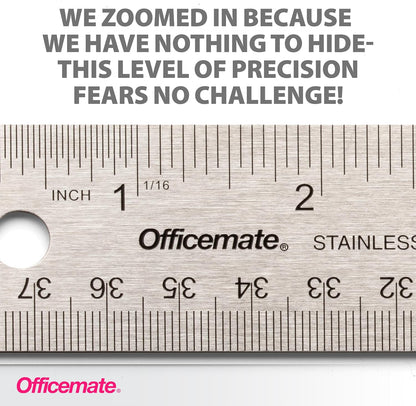 Officemate 15-Inch Flexible Stainless Steel Ruler, Metal Straight Edge Ruler with Cork Backing, 1/16 Inch and Metric Scale Markings, Tool for School, Office, Drafting, Crafts and Precision Cuts